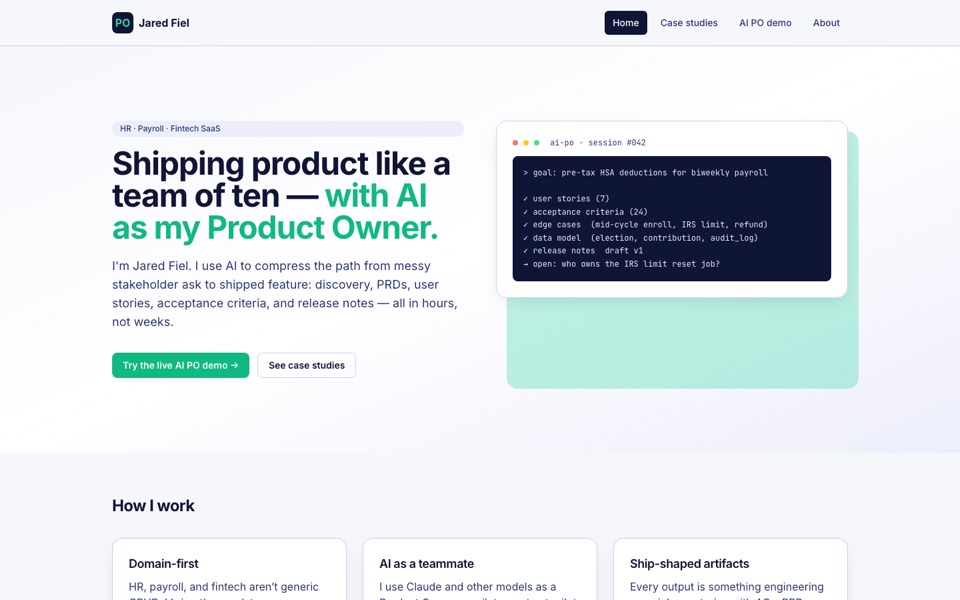 Screenshot of Jared Fiel's AI product owner portfolio homepage
