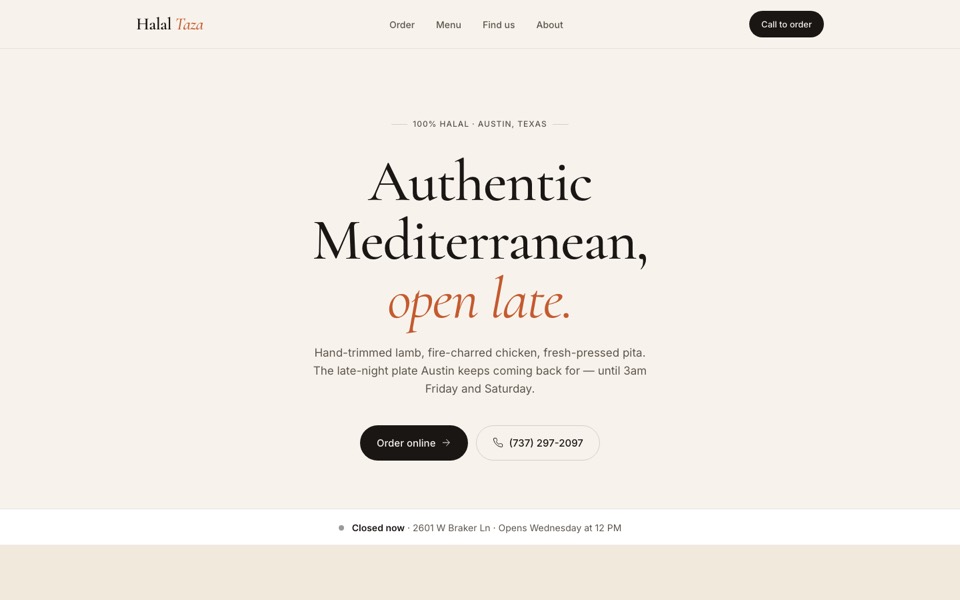 Screenshot of the Halal Taza Mediterranean restaurant homepage